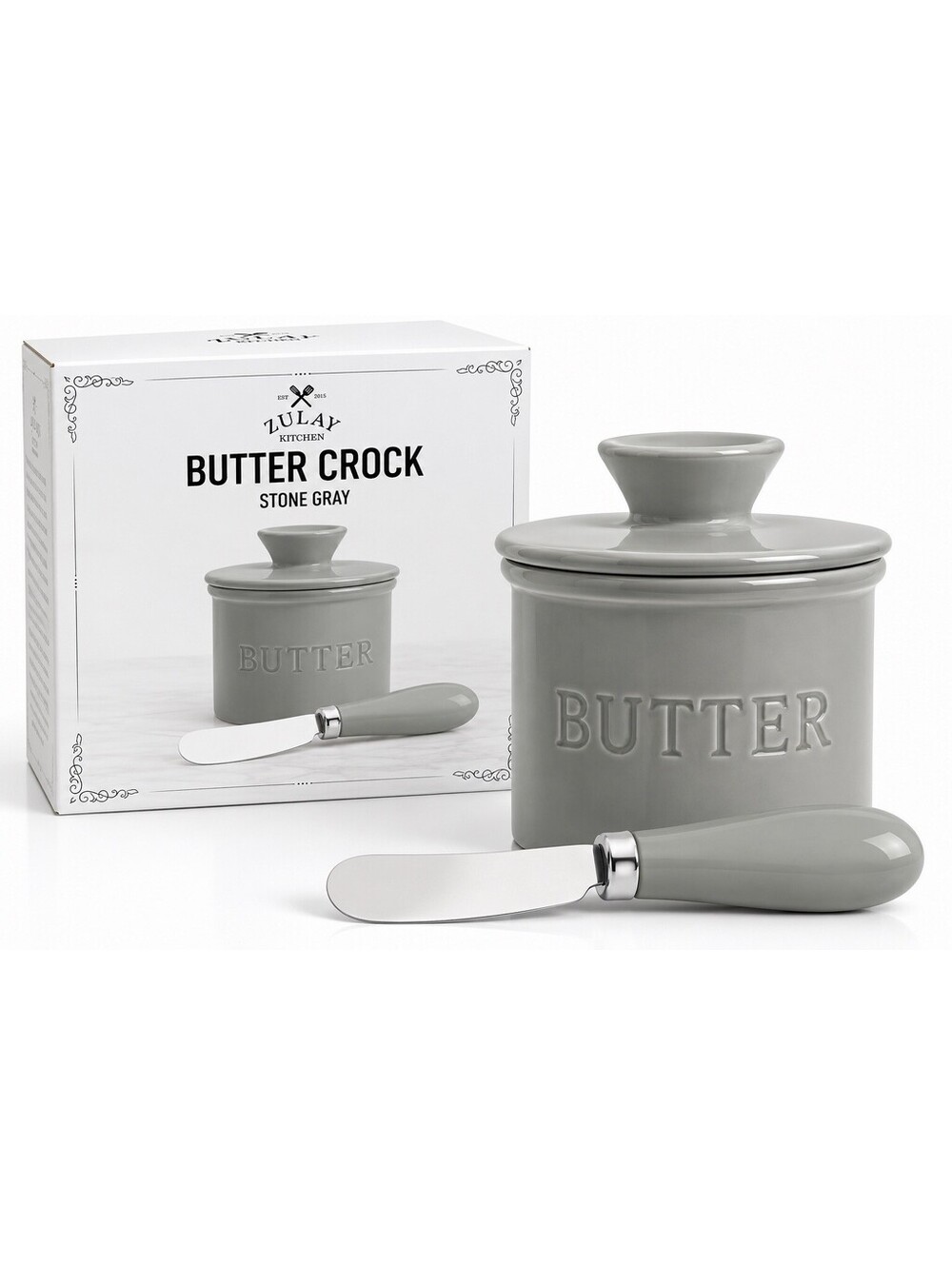 🩶 Zulay Kitchen Butter Crock Gray Ceramic Butter Keeper w/ Spreader Knife